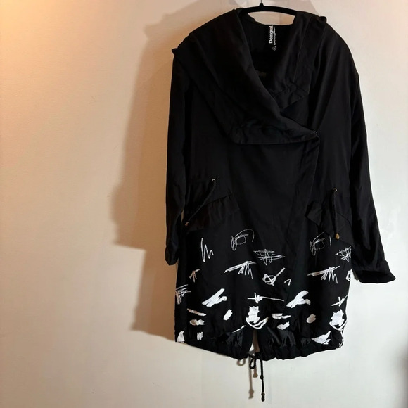 DESIGUAL Sz 36 Abstract  Script Red Heart Hooded Drawstrings Canvas Trench Coat - Picture 2 of 15